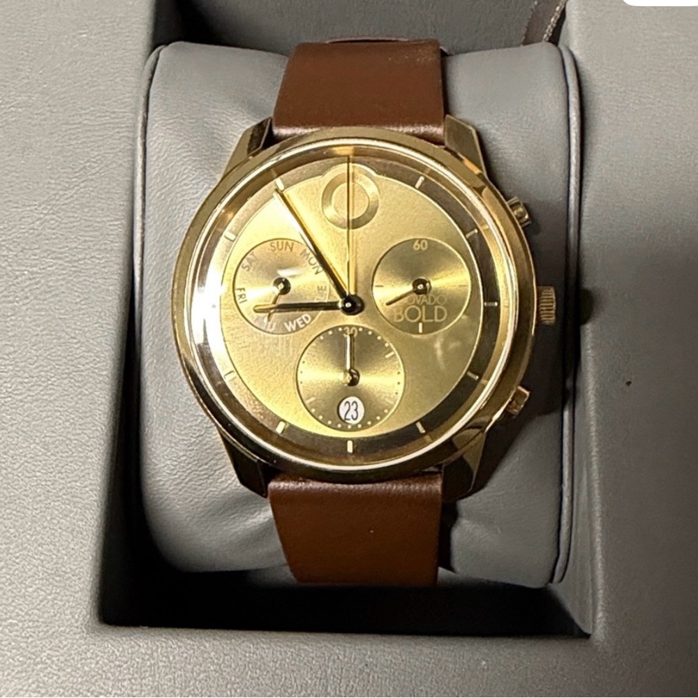 Movado Gold Dial Chronograph Watch with Brown Leather Strap